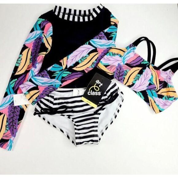 Girls Long Sleeve Leaf Print 3pc Bikini Set NWT - Picture 1 of 5